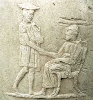 Traveler and old man, grave urn, Athens.